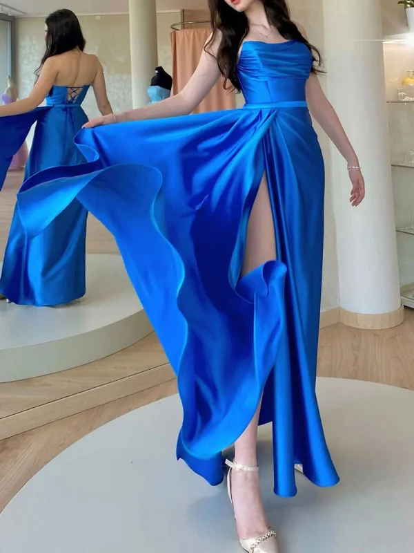 A-line party dressesOpen Back Royal Blue Long Prom Dresses with High Slit, Long Blue Formal Graduation Evening Dresses SP2451