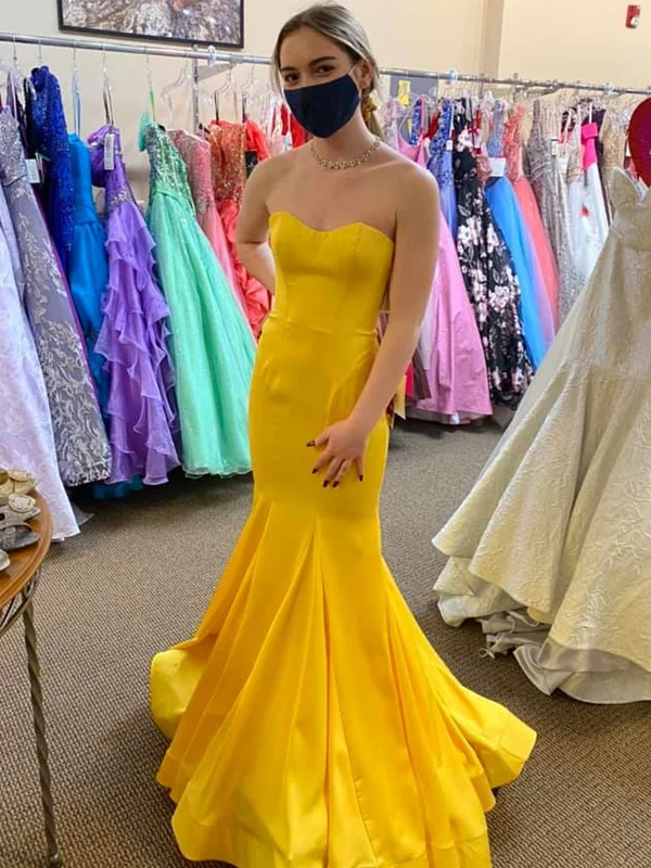 ready-to-wear party dressesStrapless Mermaid Yellow Satin Long Prom Dresses, Mermaid Yellow Formal Graduation Evening Dresses SP2381