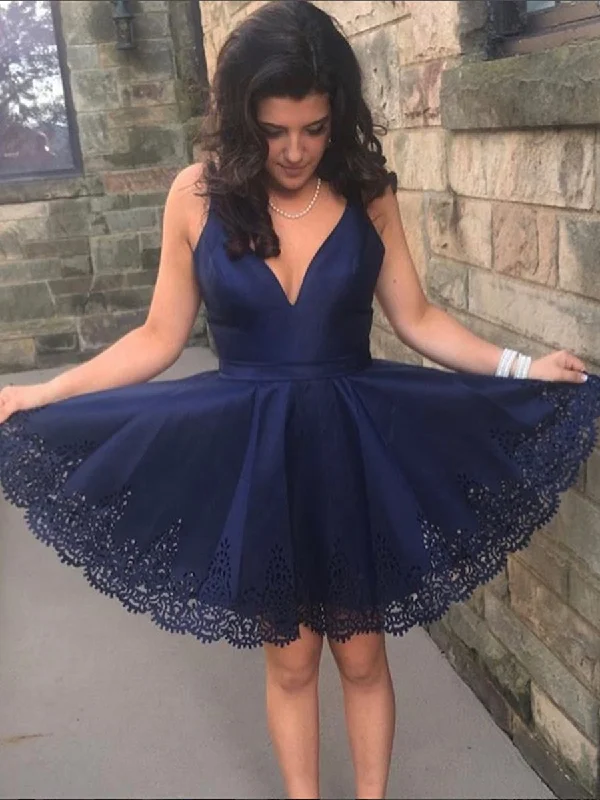 stretchy party dressesNavy Blue V Neck Lace Short Prom Dresses, Navy Blue Lace Homecoming Dresses, Lace Navy Blue Short Formal Graduation Evening Dresses