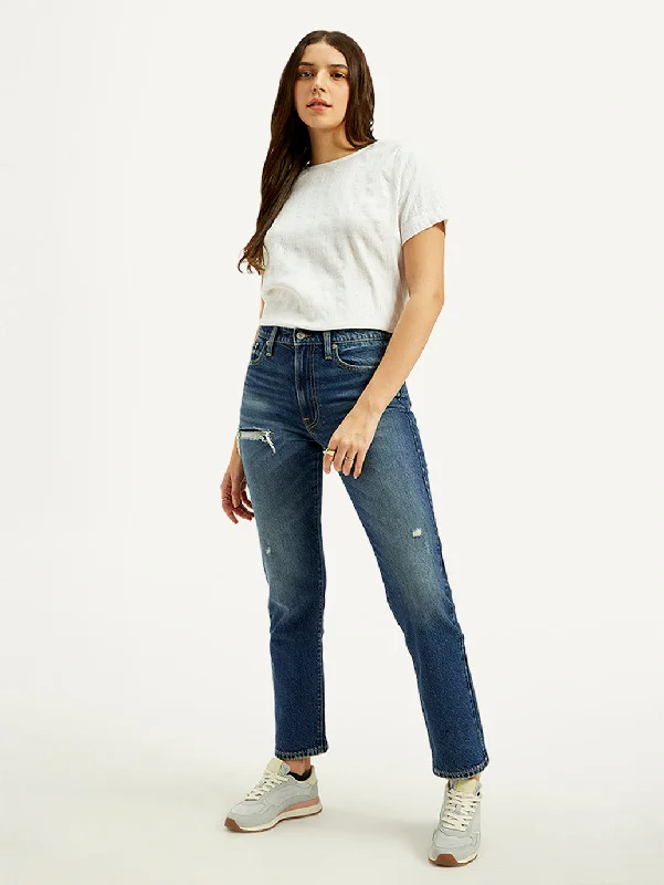 women's denim jeans with adjustable waistbandsWomen's High Rise Straight Fit Blue Jeans