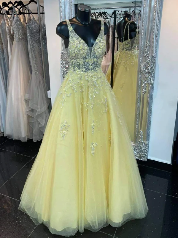 stylish party dressesV Neck Open Back Yellow Lace Floral Long Prom Dresses, Yellow Lace Floral Formal Dresses, 3D Flowers Yellow Evening Dresses SP2151