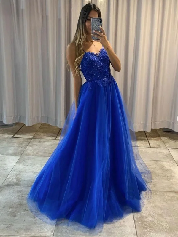 asymmetrical party dressesA Line Blue Lace Beaded Long Prom Dresses, Blue Lace Formal Graduation Evening Dresses SP2121