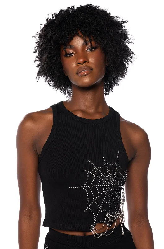 women's tops for statement-making outfitsSPIDER WEBS EMBELLISHED CROPPED TANK