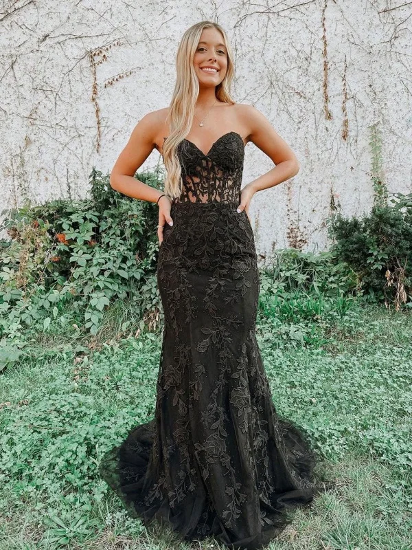 off-the-shoulder party dressesMermaid Black Lace Long Prom Dresses, Strapless Black Lace Formal Dresses, Black Tulle Evening Dresses SP2221