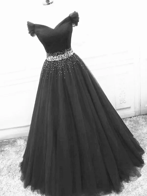 elegant party dressesOff Shoulder Black Tulle Long Prom Dresses with Sequins, Off the Shoulder Black Formal Evening Dresses, Black Ball Gown SP2279