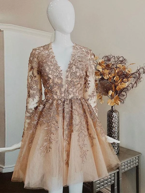 flowy party dressesChampagne V Neck Long Sleeves Lace Short Prom Dresses, Long Sleeves Champagne Lace Homecoming Dresses, Champagne Lace Formal Graduation Evening Dresses