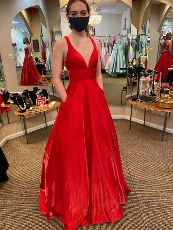 lace party dressesA Line V Neck Red Satin Long Prom Dresses with Pocket, V Neck Red Formal Graduation Evening Dresses SP2356