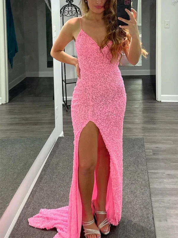 bridesmaid party dressesShiny Sequins V Neck Mermaid Pink Long Prom Dresses with High Slit, Mermaid Pink Formal Graduation Evening Dresses SP2288