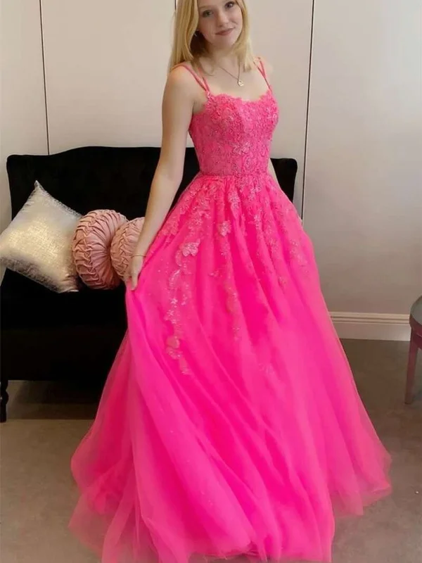 affordable luxury party dressesOpen Back Hot Pink Tulle Lace Long Prom Dresses, Hot Pink Lace Formal Graduation Evening Dresses SP2245