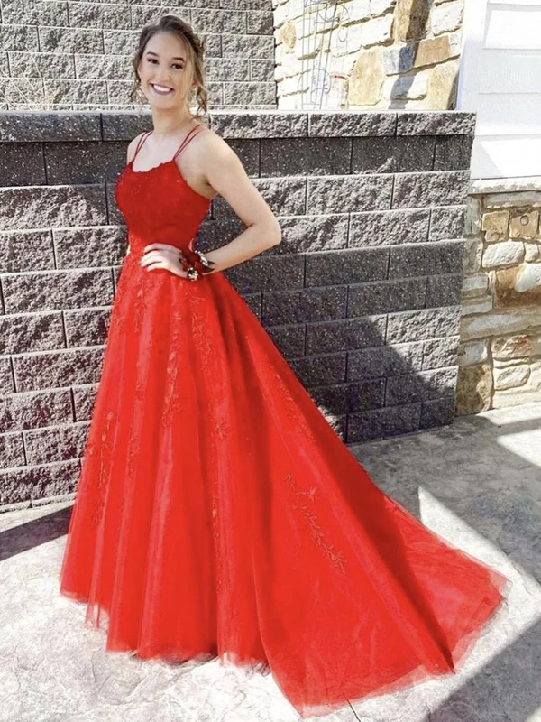 sweetheart-neck party dressesA Line Open Back Red Lace Long Prom Dresses, Red Lace Formal Dresses, Red Evening Dresses