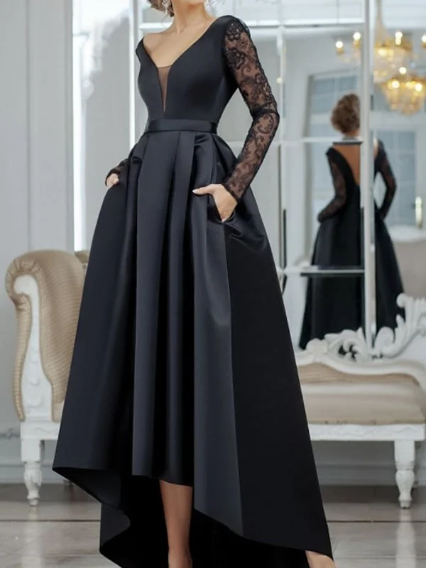 themed party dressesV Neck Long Sleeves Black Lace Long Prom Dresses, High Low Black Formal Dresses, Black Lace Evening Dresses SP2184