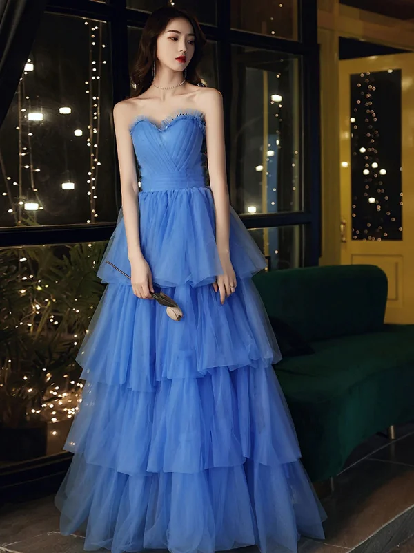 holiday party dressesSweetheart Neck Layered Blue Tulle Long Prom Dresses, Blue Tulle Formal Dresses, Blue Evening Dresses SP2507