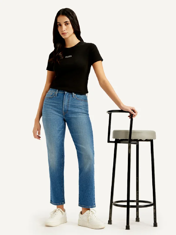 women's denim jeans with leather back pocketsWomen's Mid Rise Wedgie Straight Fit Blue Jeans