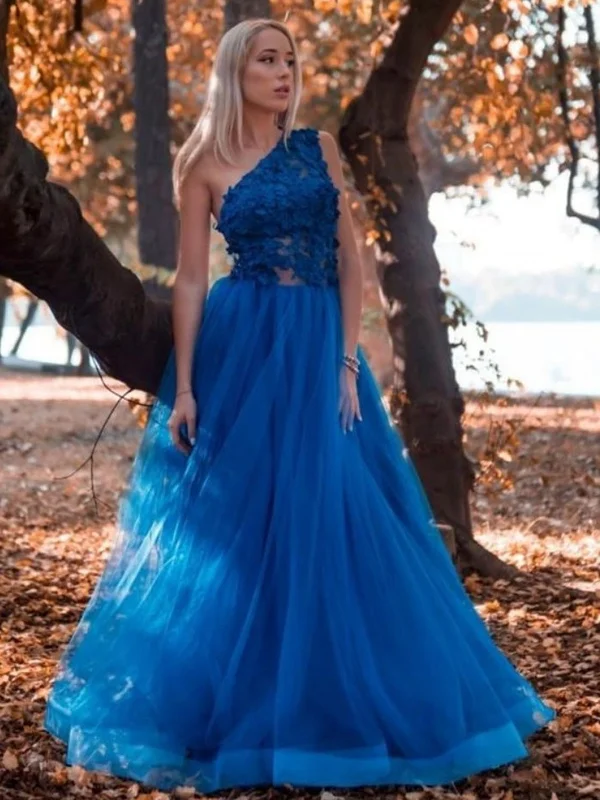 homecoming party dressesOne Shoulder Blue Lace Long Prom Dresses, One Shoulder Blue Formal Dresses, Blue Lace Evening Dresses SP2113