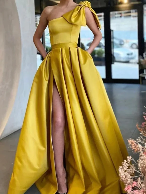 animal print party dressesOne Shoulder Yellow Satin Long Prom Dresses with High Slit, Long Yellow Formal Graduation Evening Dresses SP2496