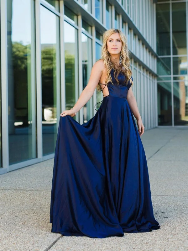 midi party dressesA Line Backless Navy Blue Satin Long Prom Dresses, Backless Navy Blue Formal Graduation Evening Dresses SP2467