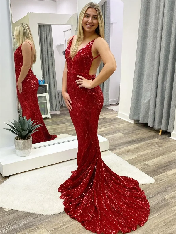 midi party dressesMermaid V Neck Backless Burgundy Long Prom Dresses, Mermaid Burgundy Formal Dresses, Backless Burgundy Evening Dresses SP2275