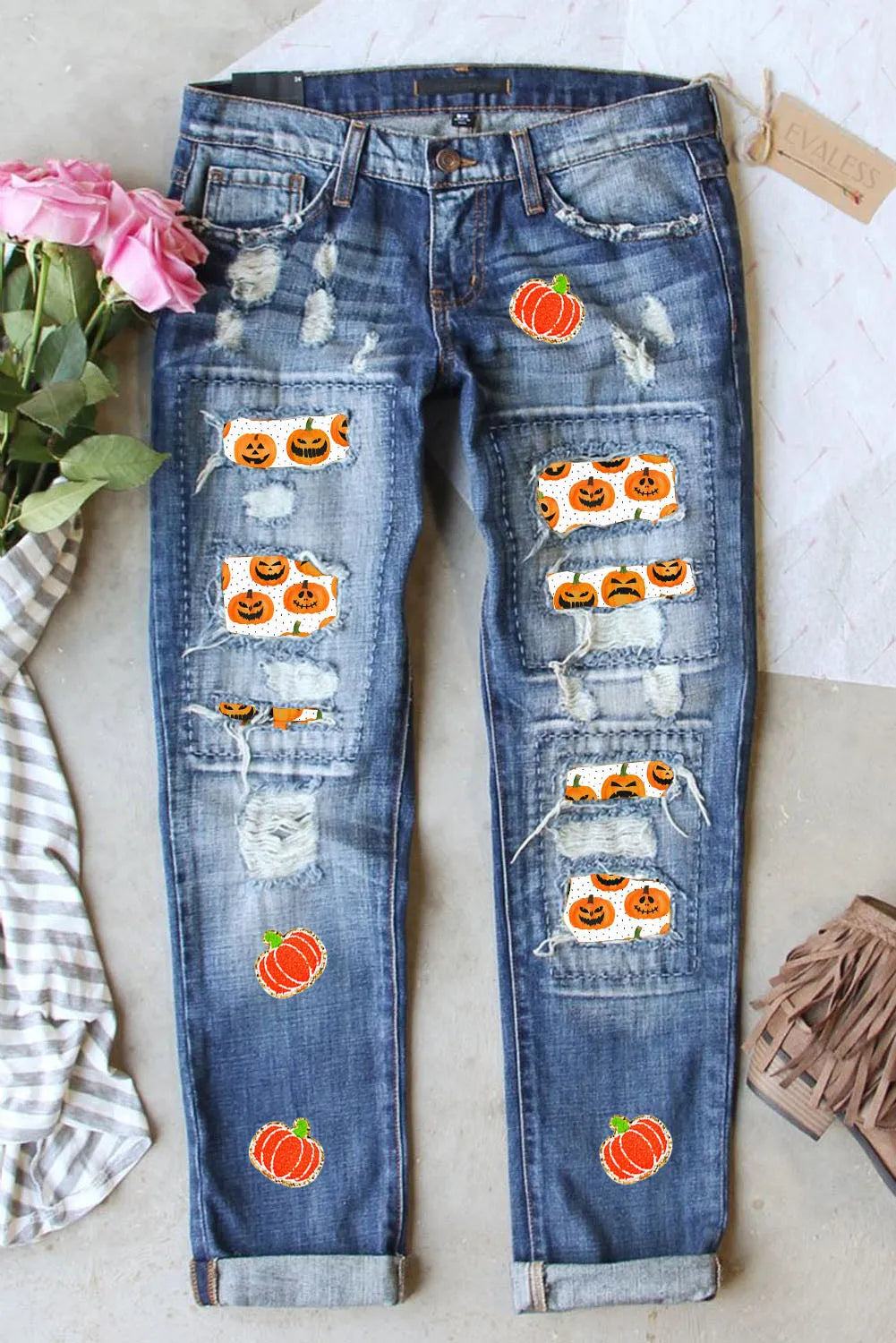 women's denim jeans with contrasting stitchingDistressed Pumpkin Jeans with Pockets