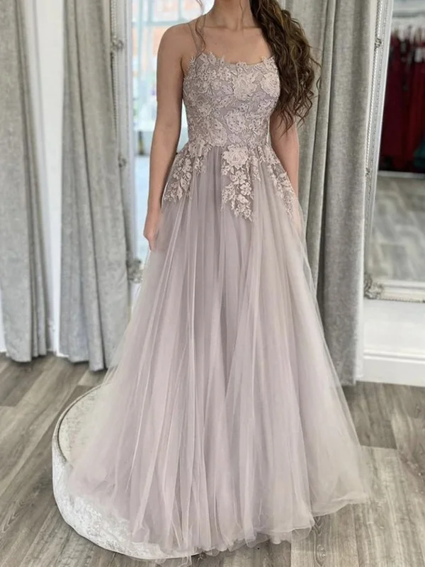 mermaid party dressesA Line Open Back Thin Strap Gray Lace Long Prom Dresses, Gray Lace Floral Formal Evening Dresses