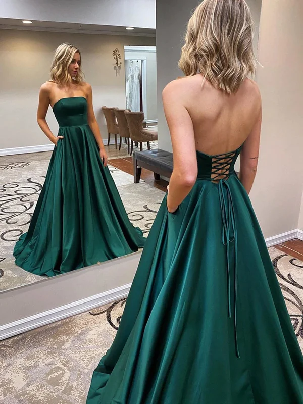 prom party dressesOpen Back Strapless Green Satin Long Prom Dresses with Pocket, Strapless Green Formal Graduation Evening Dresses SP2406