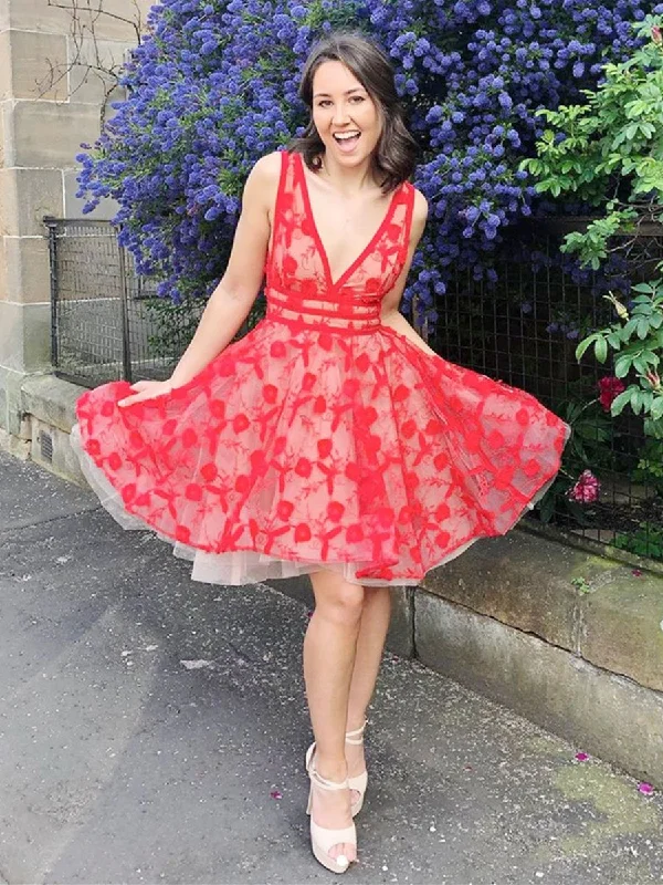 budget-friendly party dressesUnique V Neck and V Back Red Lace Flowers Short Prom Dresses Homecoming Dresses, Red Lace Formal Dresses, Red Evening Dresses, Lace Graduation Dresses