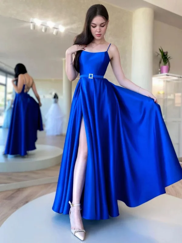 vintage party dressesSimple Backless Royal Blue Satin Long Prom Dresses with High Slit, Royal Blue Formal Graduation Evening Dresses SP2502