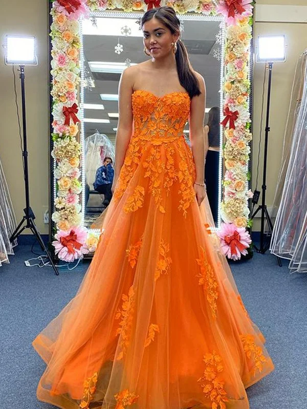 body-skimming party dressesStrapless Sweetheart Neck Orange Tulle Lace Long Prom Dresses, Orange Lace Formal Evening Dresses SP2201