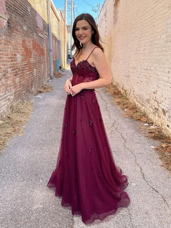 spring party dressesBurgundy Tulle A Line Lace Beaded Long Prom Dresses, Beaded Burgundy Formal Graduation Evening Dresses SP2194