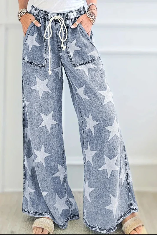 women's denim jeans with zipper-fly closureDrawstring Star Wide Leg Jeans