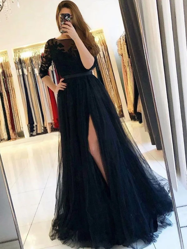 polyester party dressesHalf Sleeves Open Back Black Lace Long Prom Dresses with High Slit, Black Lace Formal Dresses, Black Evening Dresses SP2119