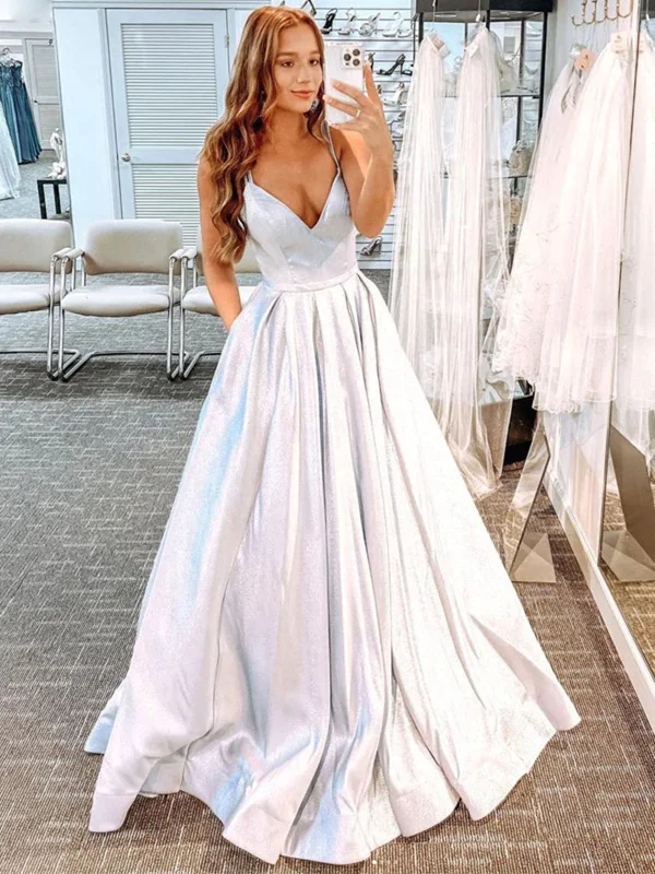 holiday party dressesA Line V Neck Open Back Silver Long Prom Dresses, V Neck Silver Formal Graduation Evening Dresses SP2315