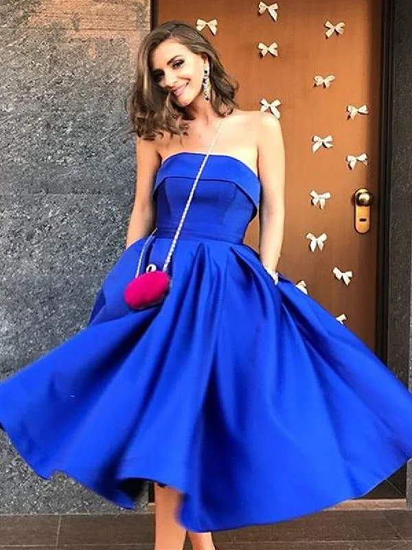 velvet party dressesA Line Strapless Tea Length Royal Blue Satin Prom Dresses with Pockets, Royal Blue Homecoming Dresses, Formal Dresses, Evening Dresses