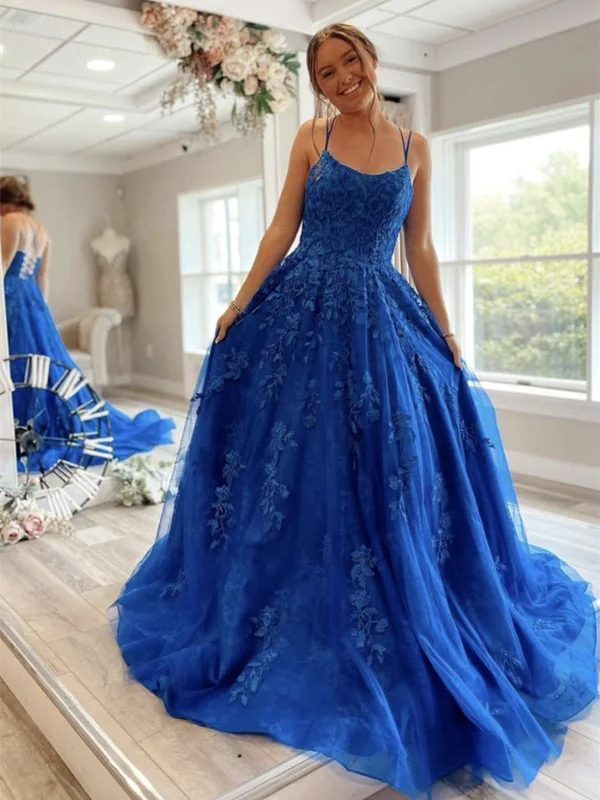 themed party dressesA Line Backless Blue Lace Long Prom Dresses, Blue Lace Formal Dresses, Blue Evening Dresses SP2082