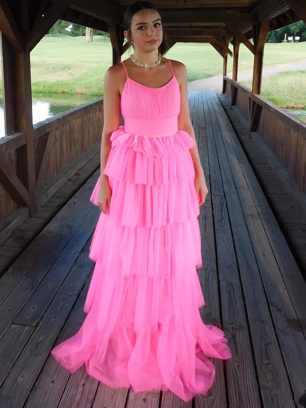 black-tie party dressesFashion Open Back Layered Pink Long Prom Dresses, Pink Formal Graduation Evening Dresses SP2323