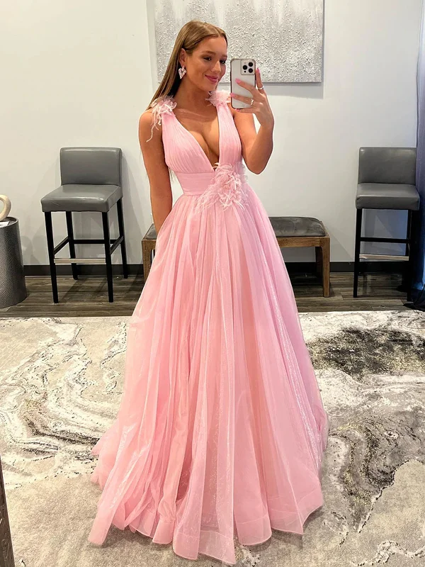 affordable luxury party dressesV Neck and V Back Pink Tulle Long Prom Dresses, V Neck Pink Formal Graduation Evening Dresses SP2380