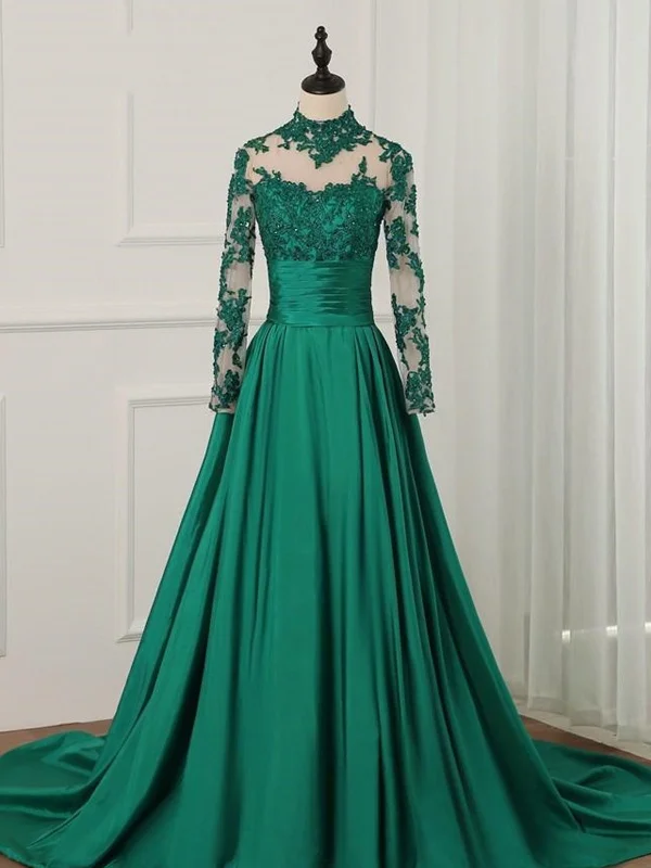 pastel party dressesLong Sleeves High Neck Green Lace Prom Dresses, Green Lace Formal Dresses, Green Evening Dresses SP2178