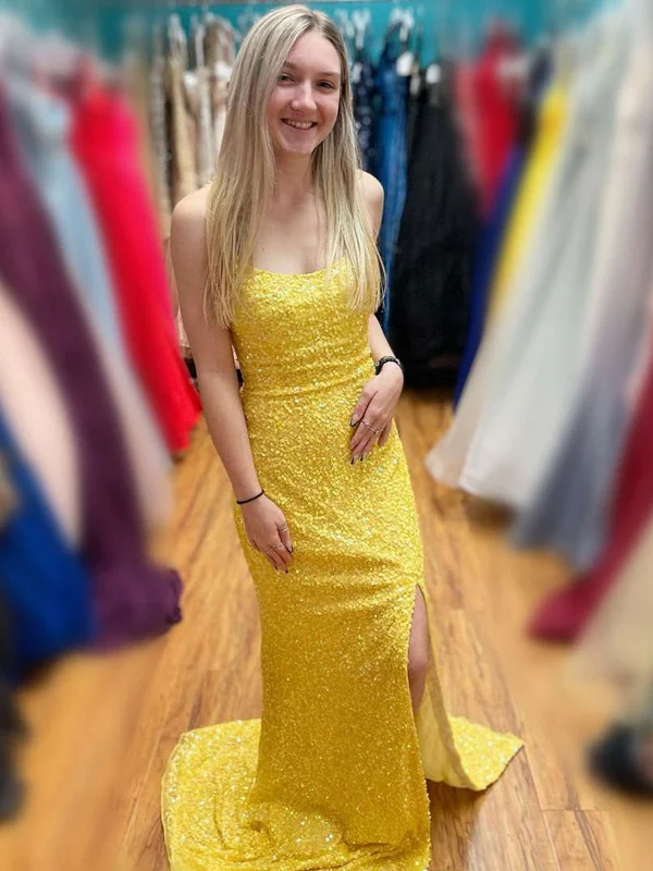 bachelor party dresses (for women)Yellow Sequins Mermaid Backless Long Prom Dresses with High Slit, Mermaid Yellow Sequins Formal Graduation Evening Dresses SP2213