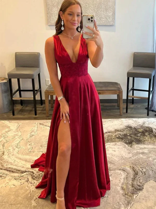 ready-to-wear party dressesOpen Back V Neck Burgundy Long Prom Dresses with High Slit, V Neck Burgundy Formal Graduation Evening Dresses SP2489