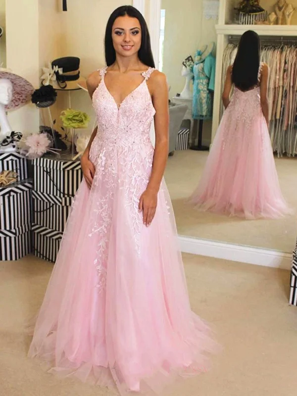 animal print party dressesA Line V Neck Pink Lace Long Prom Dresses, Pink Lace Formal Dresses, Pink Evening Dresses SP2077