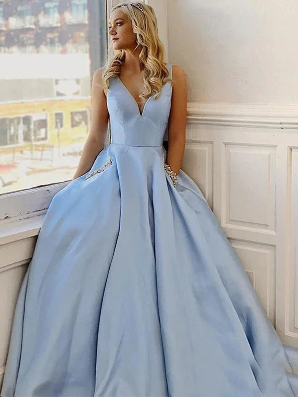 minimalist party dressesSimple V Neck Light Blue Satin Long Prom Dresses, V Neck Light Blue Formal Graduation Evening Dresses SP2301