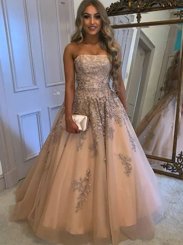 maximalist party dressesStrapless Champagne Tulle Lace Long Prom Dresses with Appliques, Champagne Lace Formal Graduation Evening Dresses SP2258