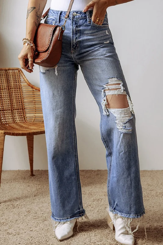 women's denim jeans for a glamorous eveningDistressed Straight Leg Jeans with Pockets