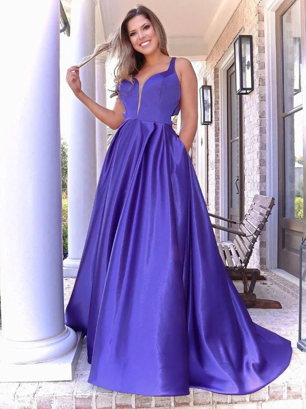 spring party dressesA Line V Neck Purple Satin Long Prom Dresses with Pocket, V Neck Purple Formal Graduation Evening Dresses SP2317