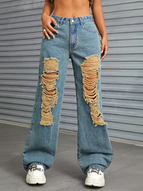 women's faded denim jeansDistressed Wide Leg Jeans with Pockets