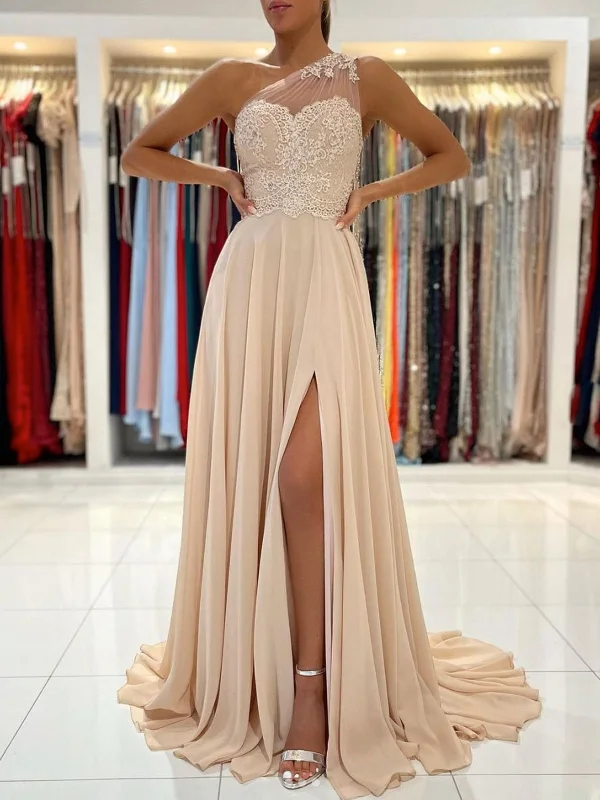 comfortable party dressesOne Shoulder Champagne Lace Long Prom Dresses with Leg Slit, Champagne Lace Formal Graduation Evening Dresses SP2153