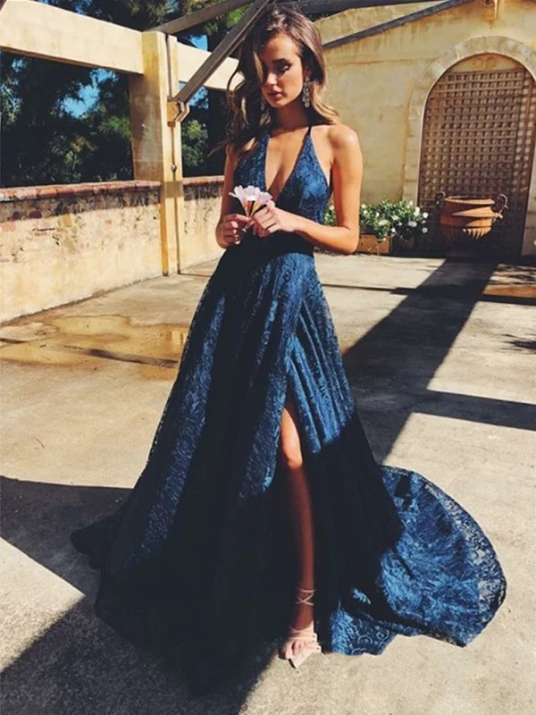 stretchy party dressesA Line V Neck Navy Blue Lace Long Prom Dresses with High Slit, Navy Blue Lace Formal Graduation Evening Dresses SP2154