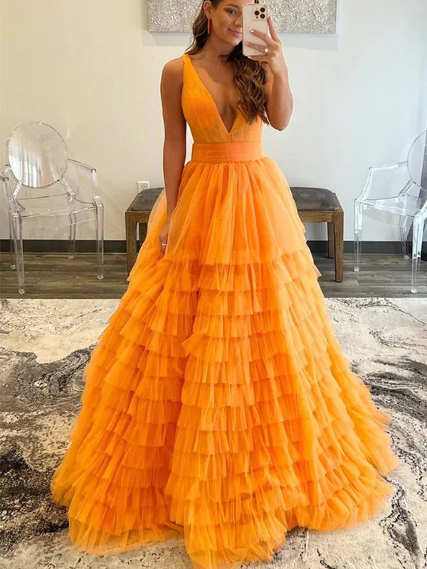 sustainable party dressesV Neck Layered Orange Tulle Long Prom Dresses, Orange Tulle Formal Evening Dresses SP2292