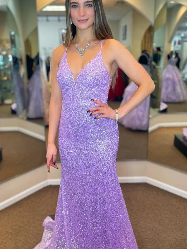 sweetheart-neck party dressesShiny Sequins V Neck Backless Mermaid Lilac Long Prom Dresses, Backless Purple Formal Dresses, Mermaid Evening Dresses SP2345