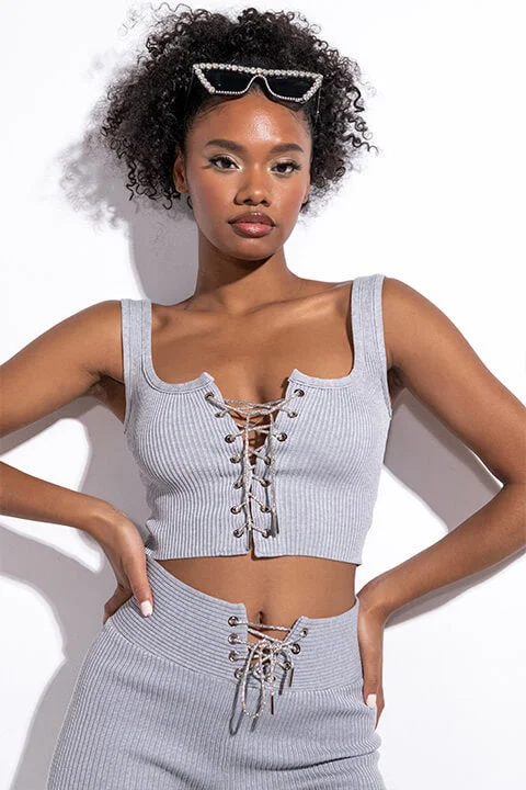 chic women's tops for everyday wearGOT ME RIGHT CROPPED BRALETTE TOP WITH RHINESTONE LACE UP HEATHER GREY