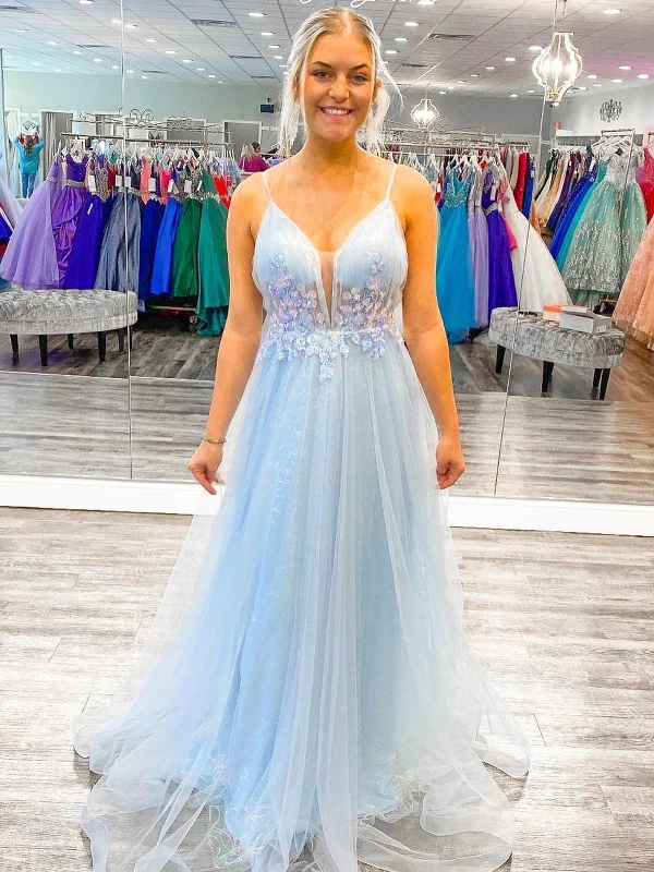 bridesmaid party dressesA Line V Neck Open Back Light Blue Long Prom Dresses with Lace Flowers, Light Blue Lace Floral Formal Graduation Evening Dresses SP2240